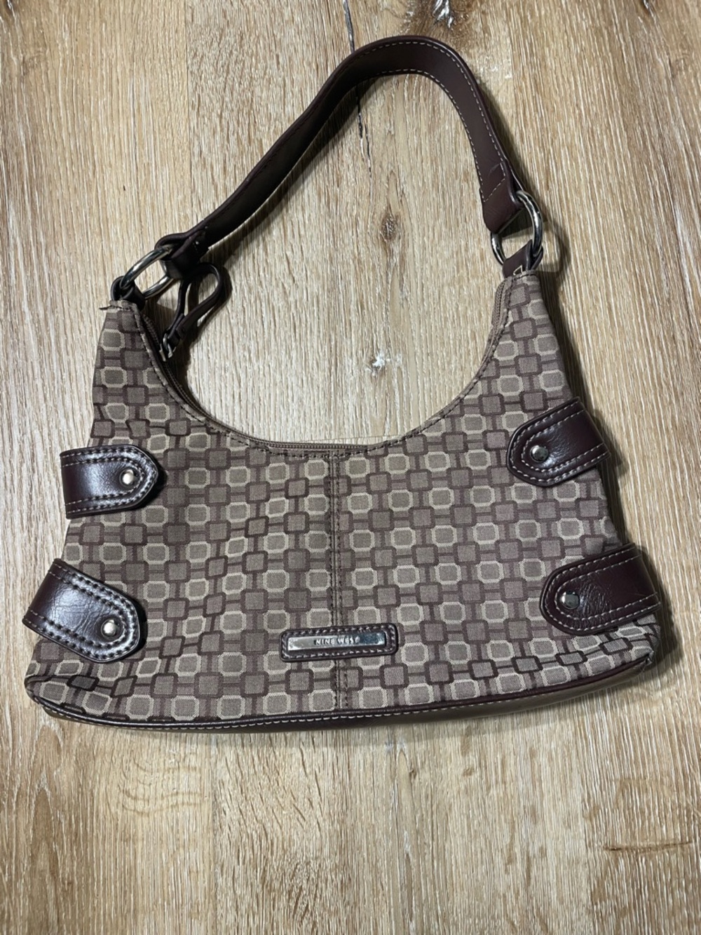Nine West Brown Geometric Canvas Shoulder Bag with Dark Trim